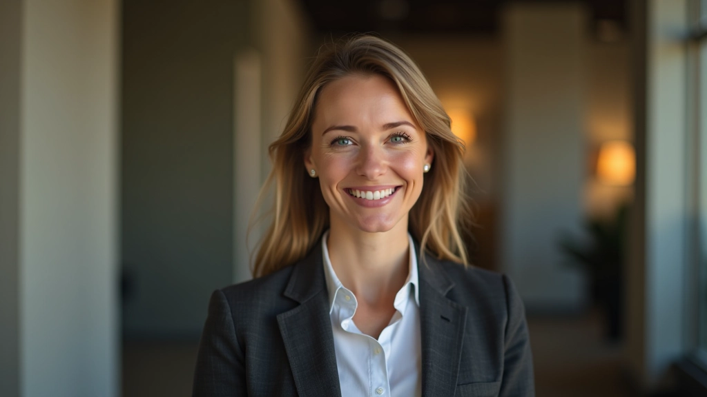 Portrait de femme experte en budget, vêtue professionnellement, fond neutre bureau clair