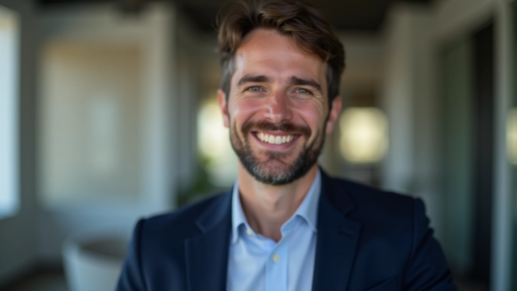 Portrait professionnel de conseiller financier en costume bleu, souriant en bureau moderne