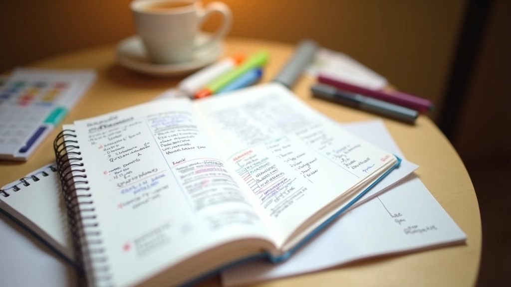 Calendrier mensuel en papier avec des notes écrites pour les dépenses prévisibles, surligneur et stylo à côté