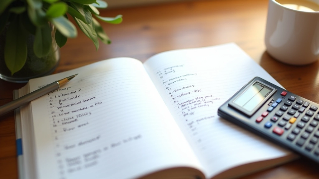 Cahier ouvert avec un stylo et une calculatrice sur un bureau