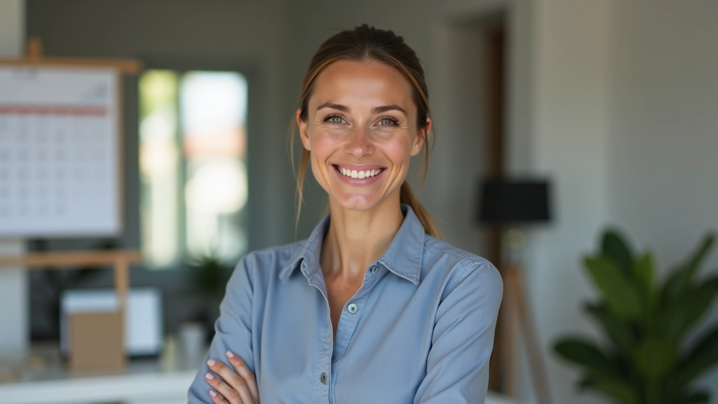 Femme regardant son téléphone avec une expression satisfaite, bureau avec calendrier visible en arrière-plan