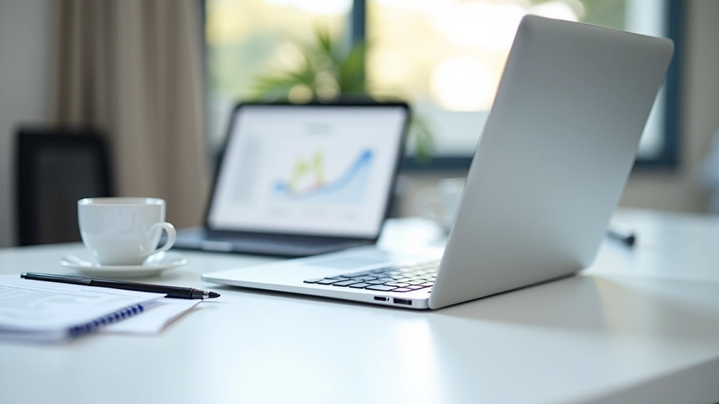 Ordinateur portable avec des documents financiers et un café sur un bureau moderne